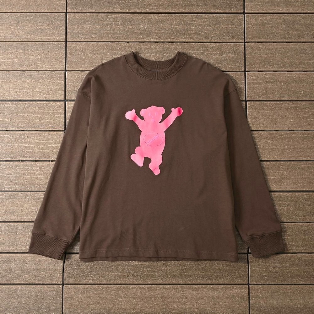 We11 Done Flocked Bear Print Long Sleeve T Shirt in Brown